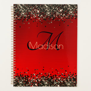Agenda Monograma elegante purpurina de oro negro rojo