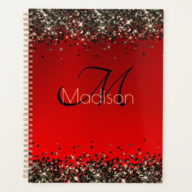 Agenda Monograma elegante purpurina de oro negro rojo (Anverso)