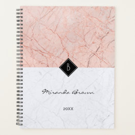 Agenda Monograma Elegante Rosa Planner de Mármol Gris Oro