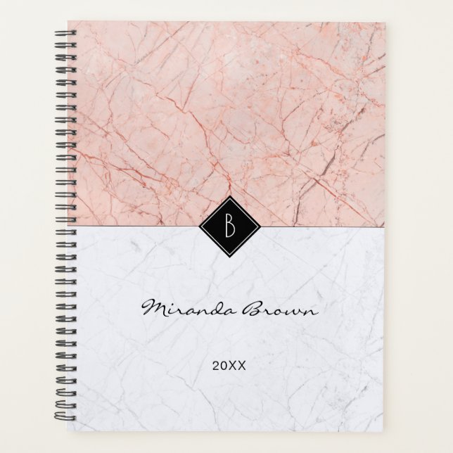 Agenda Monograma Elegante Rosa Planner de Mármol Gris Oro (Anverso)