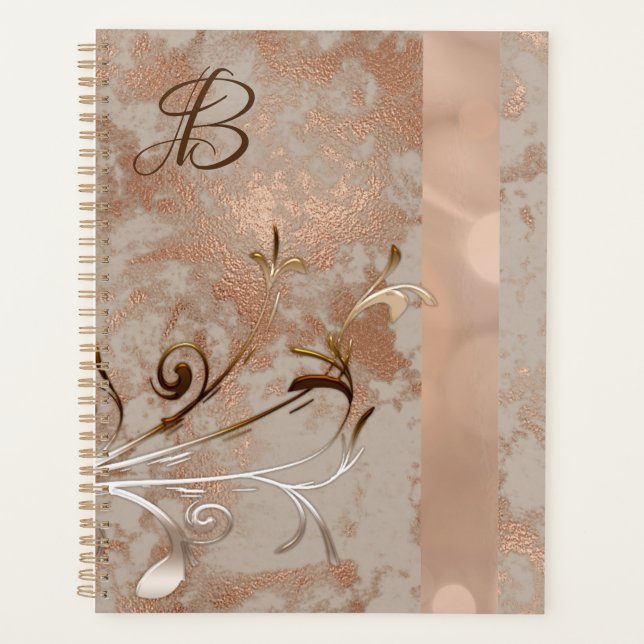 Agenda Monograma Faux Rosa Gold Floral Swirl Planner (Anverso)