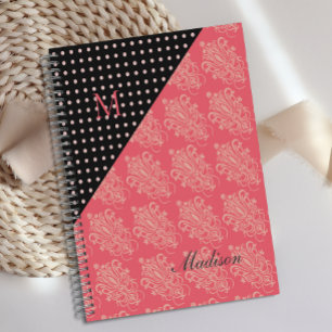 Agenda Monograma Femenino de Lunares de Damasco Rosa Negr