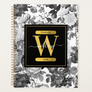 Agenda Monograma floral blanco, negro y dorado