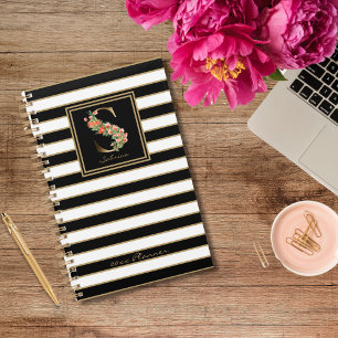 Agenda Monograma floral de oro Bandas de oro blanco neg