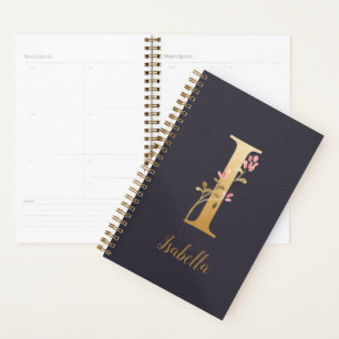 Agenda Monograma Floral Elegante Azul Dorado Personalizad
