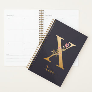 Agenda Monograma Floral Elegante Azul Dorado Personalizad