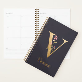 Agenda Monograma Floral Elegante Azul Dorado Personalizad