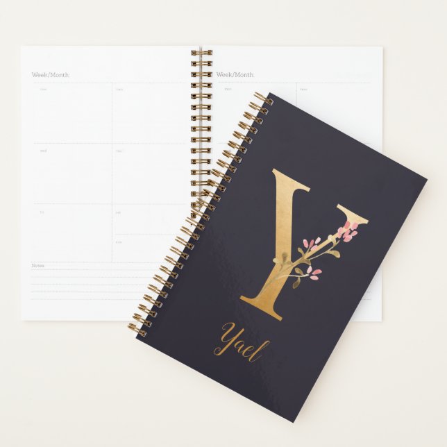 Agenda Monograma Floral Elegante Azul Dorado Personalizad