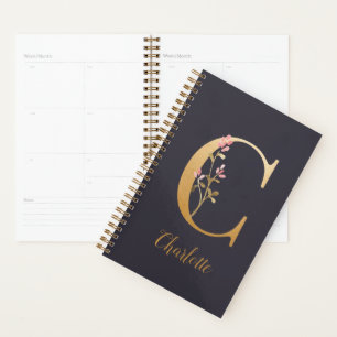 Agenda Monograma floral elegante con azul dorado personal