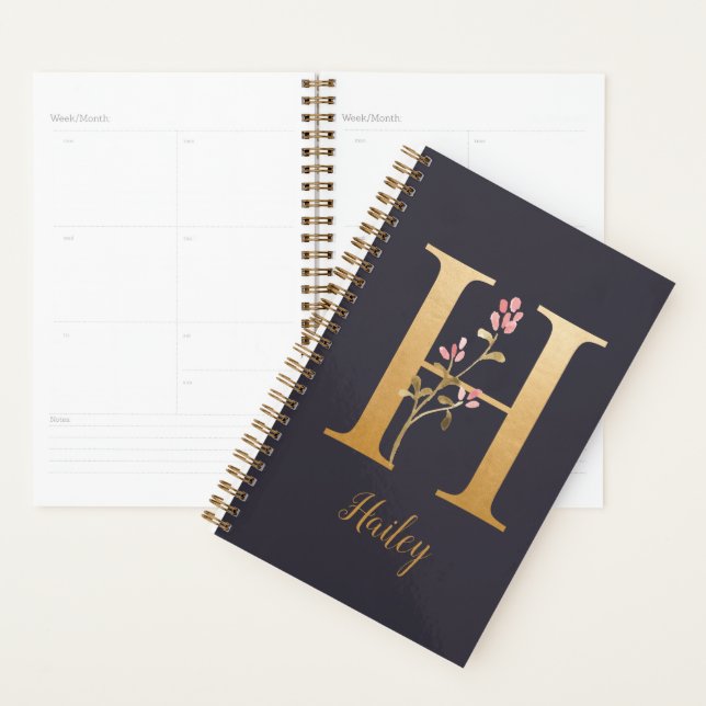 Agenda Monograma floral elegante con dorado personalizado (Demostración)