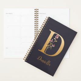 Agenda Monograma floral elegante de color azul dorado D p