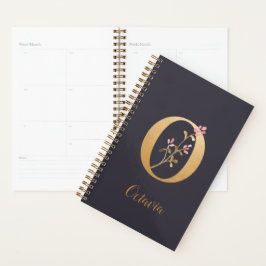 Agenda Monograma floral elegante de oro azul personalizad