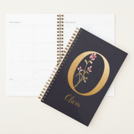 Agenda Monograma floral elegante de oro azul personalizad