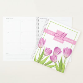 Agenda Monograma floral elegante de tulipanes rosados de