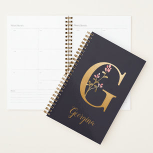 Agenda Monograma Floral Elegante Dorado Azul Personalizad