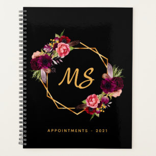 Agenda Monograma floral geométrico burgundy de oro negro 
