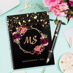Agenda Monograma floral geométrico burgundy de oro negro 