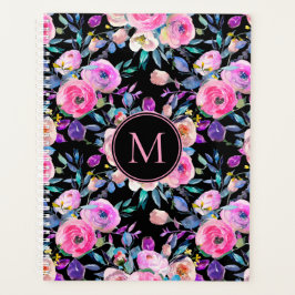 Agenda Monograma floral negro rosa personalizado