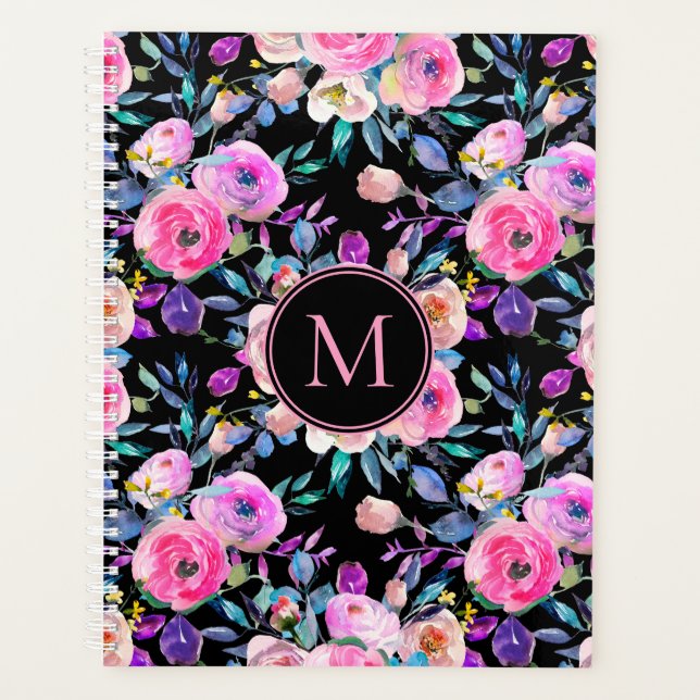 Agenda Monograma floral negro rosa personalizado (Anverso)