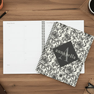 Agenda Monograma Floral Negro William Morris Elegante