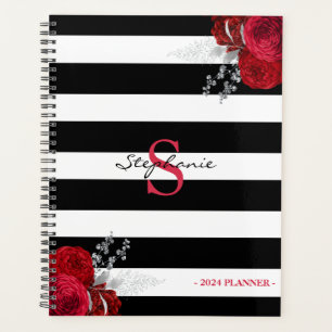 Agenda Monograma Floral Plateado Rojo Rayas Negras 2024