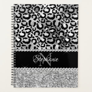 Agenda Monograma Glam femenino de Leopardo Negro y Platea