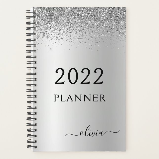 Agenda Monograma Glitter Negro Plateado 2022 para Chicas (Anverso)