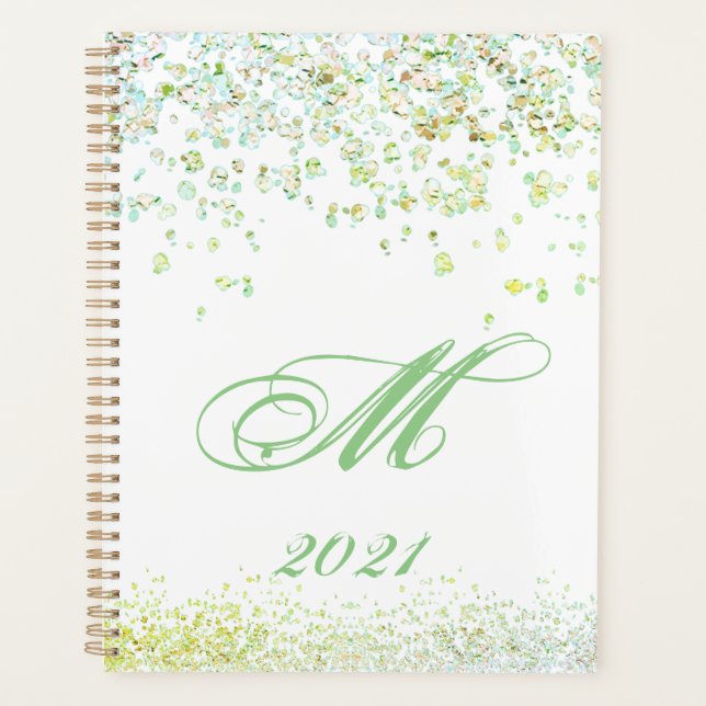 Agenda Monograma Golden & Green Sparkles 2021 Planner (Anverso)