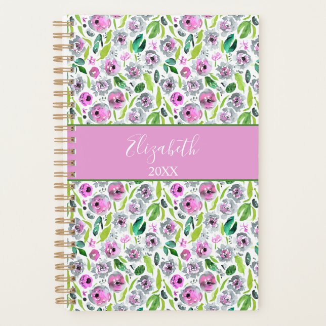 Agenda Monograma Gris Rosa Verde Boho Acuarela Flora (Anverso)