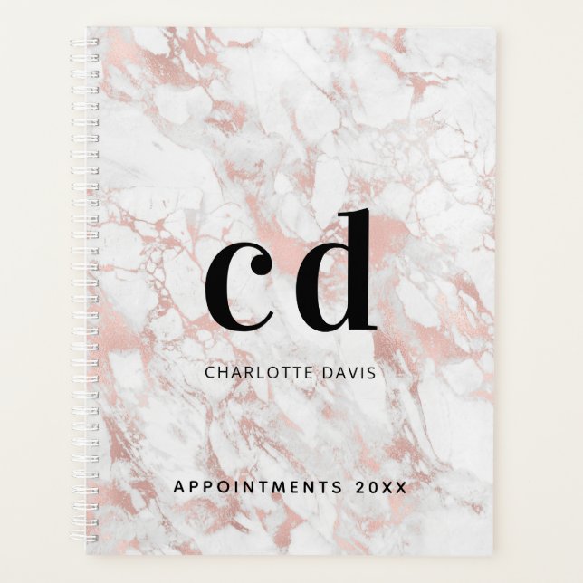 Agenda Monograma inicial de mármol dorado de rosa blanco (Anverso)