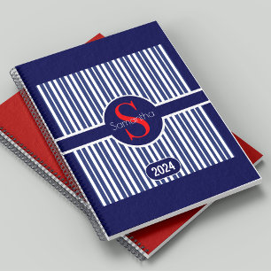 Agenda Monograma inicial de rayas rojas azul marino de di