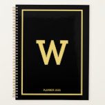 Agenda Monograma inicial simple de oro negro mensual<br><div class="desc">Un diseño sencillo con color de fondo negro y su monograma inicial personalizado en oro posicionado en el centro. Un bonito diseño minimalista ideal para cualquiera. Regalo de cumpleaños ideal, decoración fiesta, decoración de casa, papelería de oficina, regalo de Navidad o regalo para cualquier otra ocasión especial. Visite nuestra tienda...</div>