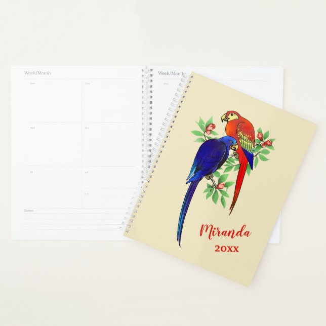 Agenda Monograma loros Flores rojas azules Beige Planner (Demostración)
