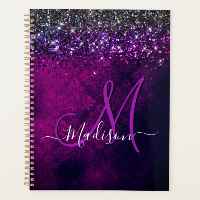 Agenda Monograma magenta negro falso purpurina (Anverso)