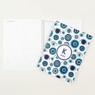 Agenda Monograma Mal de Ojo Griego Azul Blanco Chic
