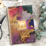 Agenda Monograma mármol acuarela color dorado azul violet<br><div class="desc">Un rectángulo de Relieve metalizado dorado brillante y falso con una tipografía de guion monograma inicial superpone un rico fondo de color acuarela dorado, azul marino, verde cazador, rosa y morado en esta moda, elegante, moderno, personalizado nombre de planificación anual. Personaliza con tu inicial. Este planificador viene en dos tamaños:...</div>
