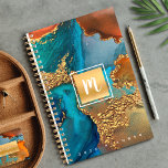 Agenda Monograma mármol acuarela color turquesa dorado na<br><div class="desc">Un cuadrado de Relieve metalizado dorado brillante y falso con una tipografía de escritura monograma inicial se impone sobre un fondo acuarela rico, con venas doradas, azul turquesa y naranja amarillo en esta moda, elegante, moderno y personalizado planificador de nombres anuales. Personaliza con tu inicial. Este planificador viene en dos...</div>