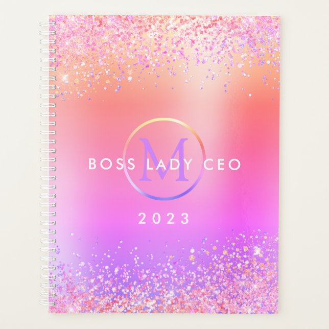 Agenda Monograma metálico Purpurina arcoiris 2023 Boss La (Anverso)