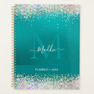 Agenda Monograma metálico verde azulado de glam purpurin