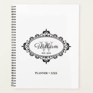 Agenda Monograma minimalista de damasco blanco y negro