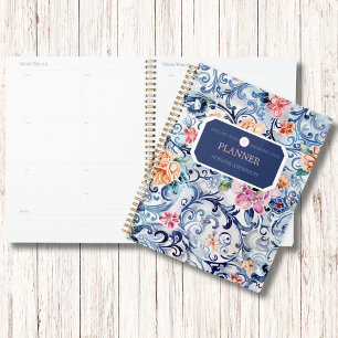 Agenda Monograma moderno con logotipo azul floral de colo