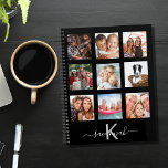 Agenda Monograma moderno de collage de fotografías negras<br><div class="desc">Haz tu propio collage de fotos de familia como regalo o para ti mismo. ¡Usa cuatro, nueve de tus fotos favoritas de tu familia, amigos, destino de viaje de ensueño o mascota! Personalice y agregue un nombre y su letra de monograma. El nombre está escrito con un guión moderno de...</div>