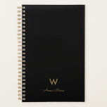 Agenda Monograma moderno de escritura de oro negro<br><div class="desc">Un moderno y elegante diseño de monograma con tipografía de escritura minimalista manuscrita dorada y tipografía de bloques sans serif sobre un elegante fondo negro. El monograma y el nombre se pueden personalizar fácilmente.</div>
