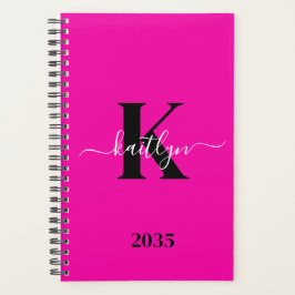 Agenda Monograma moderno de guión negro rosa caliente