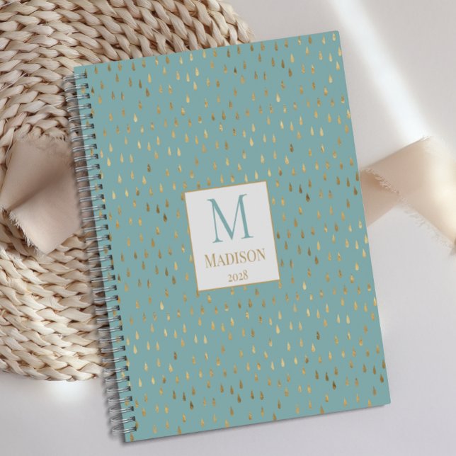 Agenda Monograma moderno de moda Aqua Gold Raindrop (Subido por el creador)