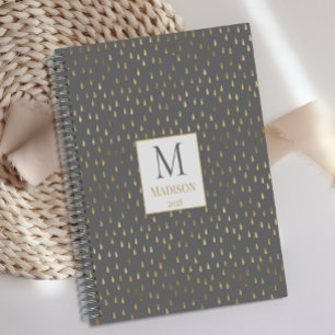 Agenda Monograma moderno de moda Gray Gold Raindrop