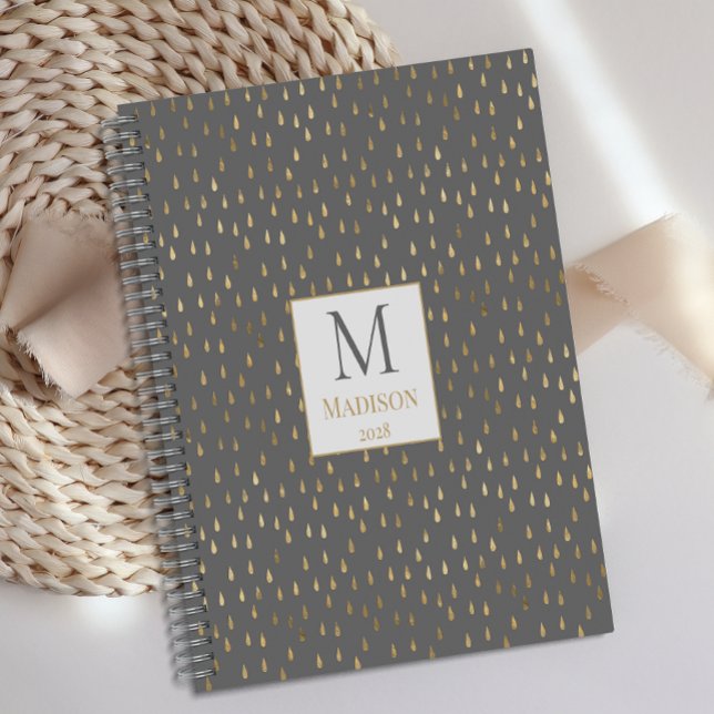 Agenda Monograma moderno de moda Gray Gold Raindrop (Subido por el creador)