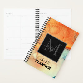 Agenda Monograma moderno de Naranja y mármol azul