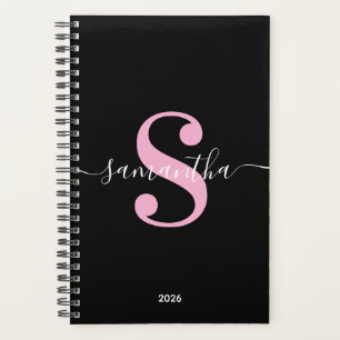 Agenda Monograma moderno de negro, blanco y rosa claro