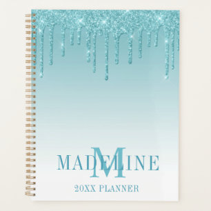 Agenda Monograma moderno de Purpurina Aqua Fashiable
